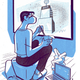 drawing of a man watching the ball drop on tv by himself with his laptop
